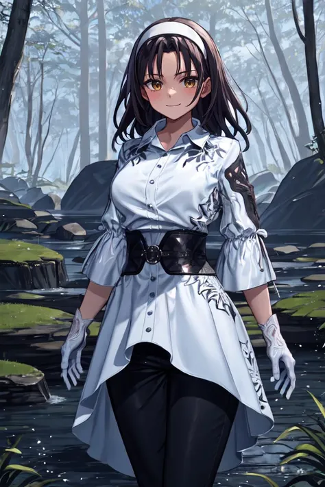 white hairband, black hair, parted bangs, medium hair, brown eyes, white dress, white gloves, obi, black pants, 
light smile, mature female, 2d,
 rocks, boulders, lake, moss, forest, light rays, volumetric lighting, subsurface scattering, arms at side, hand on own chest, 
BREAK light particles, holy light, cowboy shot,
 <lora:t8jun-14:1>