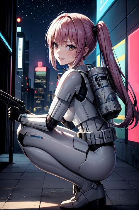 (masterpiece, best quality, detailed), 1girl, solo, looking at viewer, <lora:nana_asta_deviluke_v1:0.7>, aanana, long hair, twintails, <lora:StormTrooper:1>, stormtrooper, armor, outdoors, cyberpunk, city, night, city lights, neon lights, skyscraper, graffiti, car, dark, science fiction, squatting, from side, evil smile