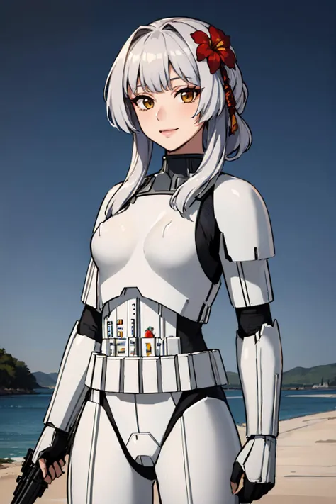 (masterpiece, best quality:1.2), solo, 1girl, rioswim, smile, looking at viewer, hair flower, StormTrooper, armor <lora:minamirio-erbs-richy-v1:0.9> <lora:CONCEPT-StormTrooper:1>