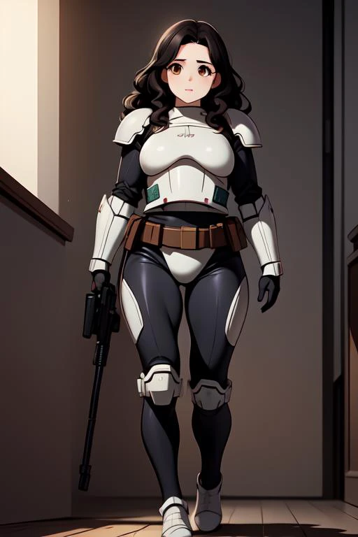 (masterpiece:1.4), high quality, high definition, sharp focus, (detailed face), detailed clothes, detailed body, anime, best quality, 4k, 8k, absurd resolution, intricate detail, detailed hands, detailed eyes, animation, illustration, highly detailed, highres, extremely detailed, <lora:ETO_OCC002:0.7> ETO_OCC, black hair, curly hair, long hair, thick eyebrows, <lora:hyperdenoiser_v090:0.6>, (looking at viewer:1.6), (hazel eyes:1.3), (parted bangs:1.4), <lora:ETO_OC:0.2> ETO-OC, (1girl),<lora:hyperrefiner_v090:0.6>, (safe:1.5), (full body), <lora:CONCEPT-StormTrooper:0.8> StromTrooper, armor, helmet, weapon, gun, holding rifle, holding weapon, holding gun, assault rifle, headwear removed, helmet removed, hallway