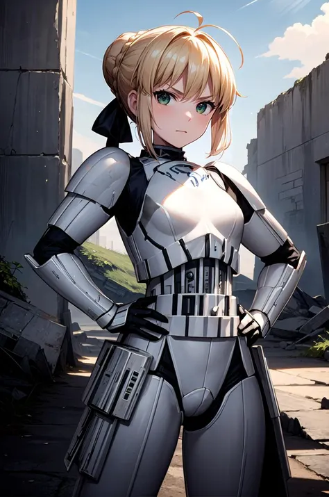 (masterpiece, best quality, detailed), 1girl, solo, looking at viewer, <lora:fate_artoriapendragon:0.85>, sabercasual, ahoge, braid, hair bun, hair ribbon, <lora:StormTrooper:1>, stormtrooper, armor, ruins, overgrown, rubble, pillar, outdoors, building, light rays, fog, hands on hips, serious, closed mouth, v-shaped eyebrows