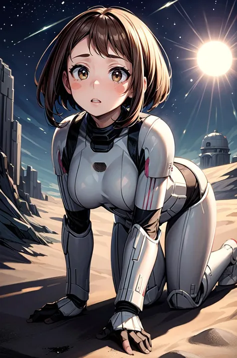 (masterpiece, best quality, detailed), 1girl, solo, looking at viewer, <lora:uraraka_ochako_v1:0.7>, hmochako, blush stickers, short hair, medium breasts, <lora:StormTrooper:1>, stormtrooper, armor, desert, sand, dust, sun, all fours, parted lips, blush, surprised