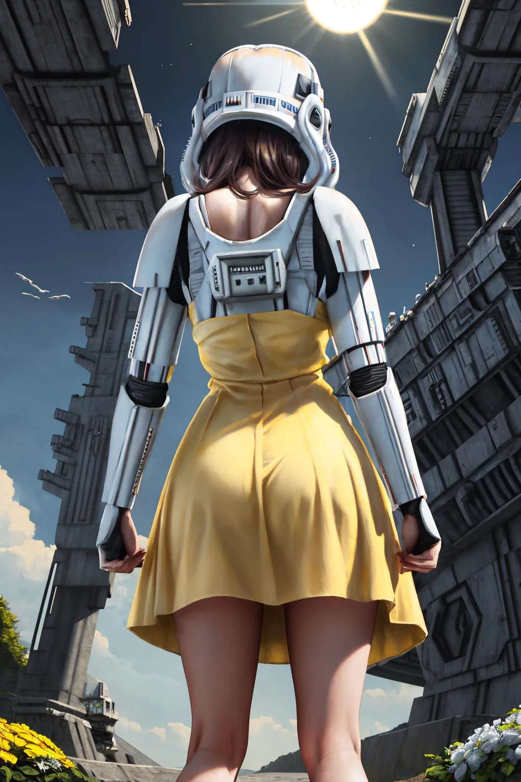 masterpiece, best quality, <lora:CONCEPT-StormTrooper:1> StormTrooper, armor, (helmet:1.6), from behind, (yellow sundress:1.5), ass, solo, standing, garden, sunlight, science fiction, starships, star destroyer