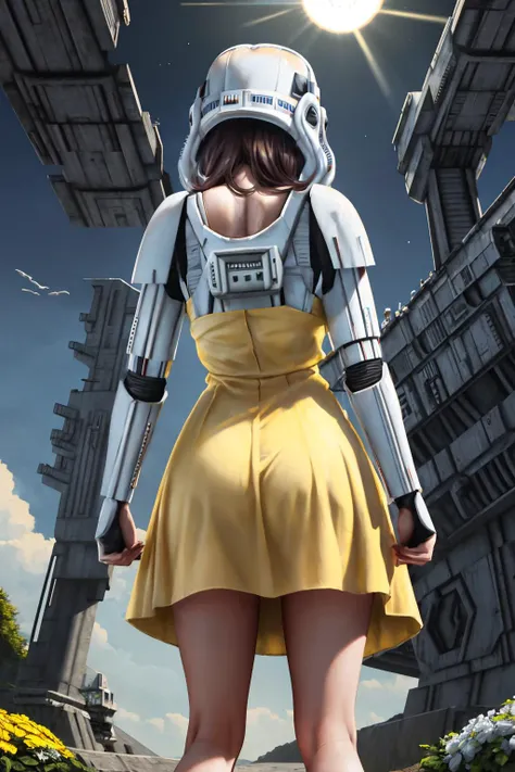masterpiece, best quality, <lora:CONCEPT-StormTrooper:1> StormTrooper, armor, (helmet:1.6), from behind, (yellow sundress:1.5), ass, solo, standing, garden, sunlight, science fiction, starships, star destroyer