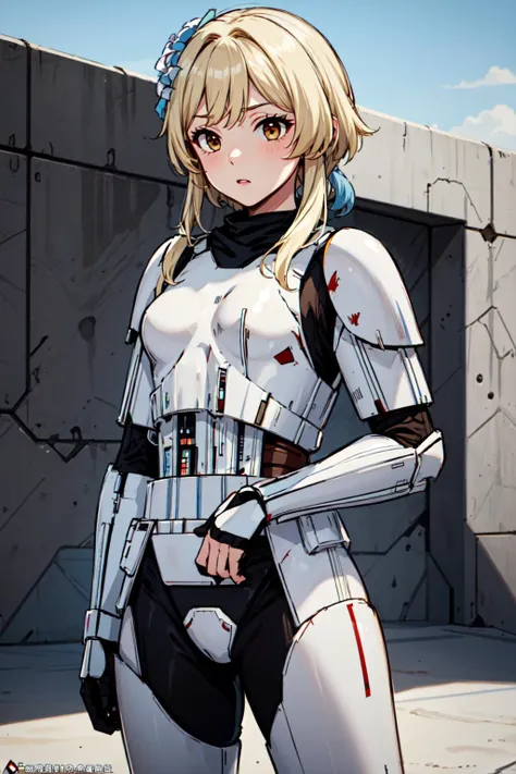 <lora:StormTrooper:1> StormTrooper, armor, || helmet,, ultra detailed, masterpiece, best quality, aesthetic, detailed,, solo, soft smile, light smile,
1girl, blue eyes, very long hair, blonde hair, long blonde hair, french braid, bangs, medium breasts,