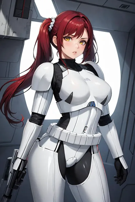 masterpiece, best quality, <lora:CONCEPT-StormTrooper:1> 1girl, solo, red hair, twintails, very long hair, yellow eyes, large breasts, hair scrunchie, parted lips, StromTrooper, armor