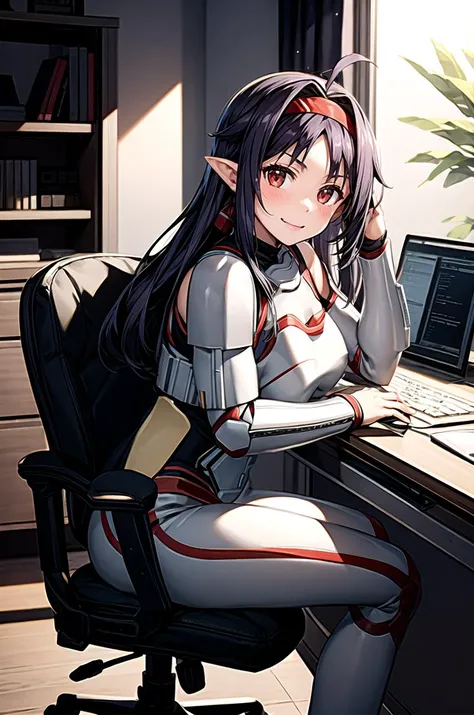 (masterpiece, best quality, detailed), 1girl, solo, looking at viewer, <lora:yuuki _(sao):0.8>, yuuki \(sao\), pointy ears, long hair, ahoge, red hairband, <lora:StormTrooper:1>, stormtrooper, armor, indoors, office, desk, office chair, sitting, from side, smile, closed mouth, v-shaped eyebrows