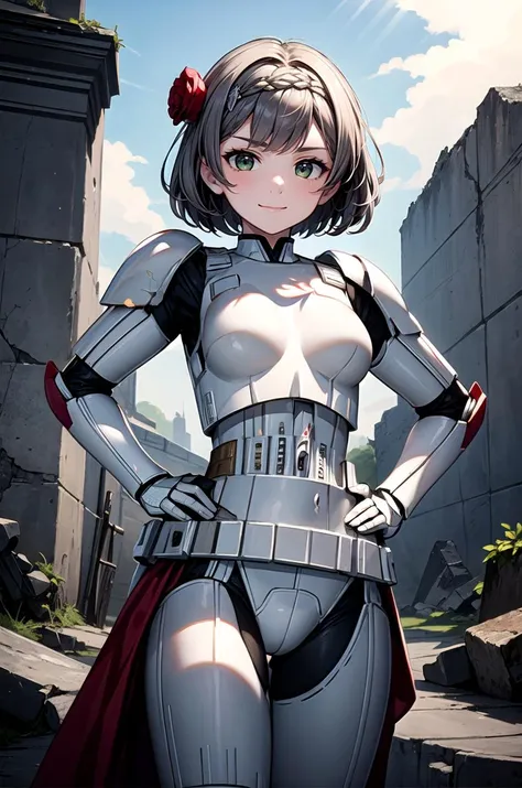 (masterpiece, best quality, detailed), 1girl, solo, looking at viewer, <lora:noelle by Goofy Ai:0.8>, noelle gi, short hair, green eyes, braid,hair flower, red rose, <lora:StormTrooper:1>, stormtrooper, armor, ruins, overgrown, rubble, pillar, outdoors, building, light rays, fog, hands on hips, smile, closed mouth, v-shaped eyebrows