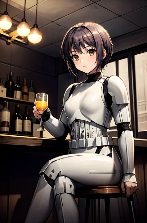 (masterpiece, best quality, detailed), 1girl, solo, looking at viewer, <lora:nagato_yuki_v10:0.75>, ny1, <lora:StormTrooper:1>, stormtrooper, armor, indoors, alcohol, bar \(place\), counter, table, stool, chandelier, sitting, crossed legs, expressionless