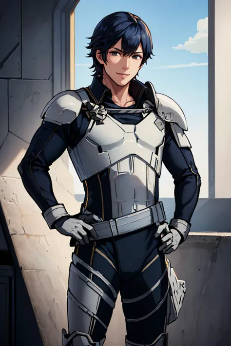 (masterpiece, best quality:1.2), solo, male focus, 1boy, chrom, smile, looking at viewer, hand on hip, StromTrooper, armor <lora:fireemblem_chrom_v11:0.8> <lora:CONCEPT-StormTrooper:1>