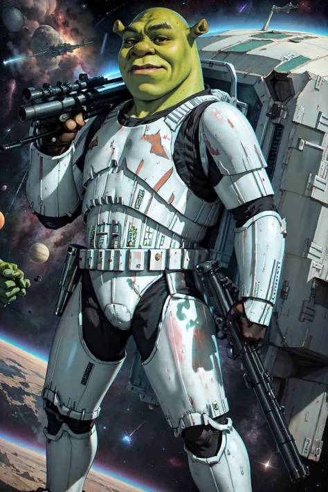 StormTrooper, armor, <lora:Outfit_StormtrooperArmor:0.9>, gun, holding gun, fighting stance, shrex, green skin, ogre, shrek, <lora:Char_Sigmas_Shrek:0.9>, smirk, space, spacecraft, earth \(planet\),