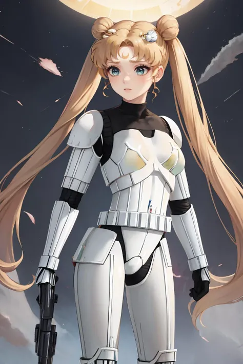 masterpiece, best quality, <lora:CONCEPT-StormTrooper:1> StromTrooper, armor, <lora:princessserenity-sm-richy-v1:0.7> princessserenity, blonde hair, hair ornament, twintails, very long hair, forehead mark,