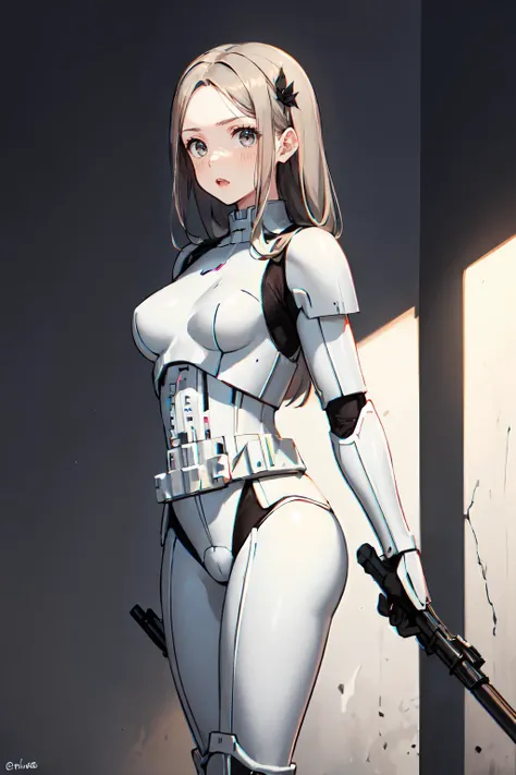 masterpiece, girl, shapely, StormTrooper, armor, black background, underboob, thong