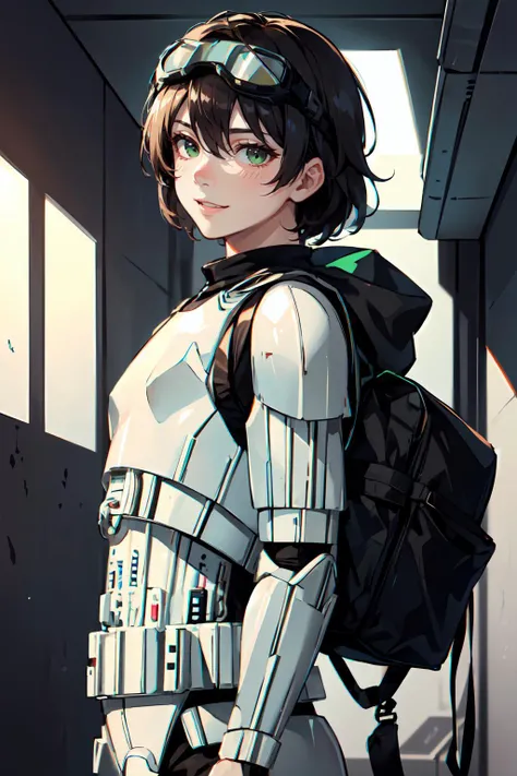 <lora:StormTrooper:1> StormTrooper, armor, (goggles on head:1.3),, ultra detailed, masterpiece, best quality, aesthetic, detailed,, ultra detailed, masterpiece, best quality, solo, smile, 1boy, green eyes, short hair, black hair, bangs, hair between eyes, messy hair, (goggles on head:1.2),