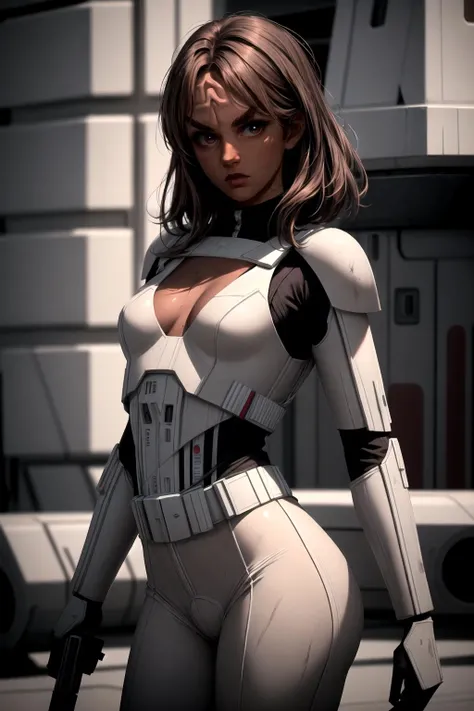 <lora:add_detail:0.8>,
(masterpiece, best quality), (absurdres:1.3), (photorealistic:1.4), Cinematic Lighting, RAW photo of cute idol, (1girl:1.5), solo, (flat chest:1.3), (ultra detailed, ultra realistic, hyper realistic, 8K, ultra highres:1.2), (dynamic pose:1.3), dynamic angle, (holding knife:1.2), bokeh, sharp focus, depth of field, (high detailed skin, detailed skin texture:1.2), lips, slim, slender, detailed eyes, detailed face, (tall girl, petite body:1.5), outdoors, (straight hair:1.2), long hair,(brown hair:1.5), messy hair,(goosebumps:0.5), subsurface scattering,
<lora:StormTrooper:0.8> StormTrooper, armor, (dirty clothes:1.5), black undersuit,
<lora:race_st_klingon:0.3>, klingon, forehead,
<lora:chocoskin:0.8>