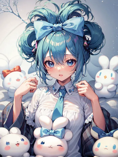 1girl, solo, Cinnamiku, blue hair, blue eyes, hair rings, hair bow, blue bow, (cinnamoroll, tied ears, sanrio, 1other, creature:1.2) black sleeves, bare shoulders, blue necktie, wide sleeves, collared shirt, detached sleeves, necktie, blue necktie, kawaii, <lora:epiNoiseoffset_v2:1.25>, <lora:Cinnamiku-01:1>