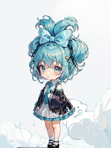 1girl, solo, Cinnamiku, blue hair, blue eyes, hair rings, hair bow, blue bow, (cinnamoroll, tied ears), black sleeves, bare shoulders, blue necktie, wide sleeves, collared shirt, detached sleeves, necktie, blue necktie, frilled collar, cute, hair_behind_ear, (chibi_style:1.2), <lora:Cinnamiku-04:1>