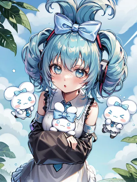 1girl, solo, Cinnamiku, blue hair, blue eyes, hair rings, hair bow, blue bow, (cinnamoroll, tied ears), black sleeves, bare shoulders, blue necktie, wide sleeves, collared shirt, detached sleeves, necktie, blue necktie, frilled collar, cute, hair_behind_ear, <lora:Cinnamiku-07:0.85>, (chibi_style:1.2),