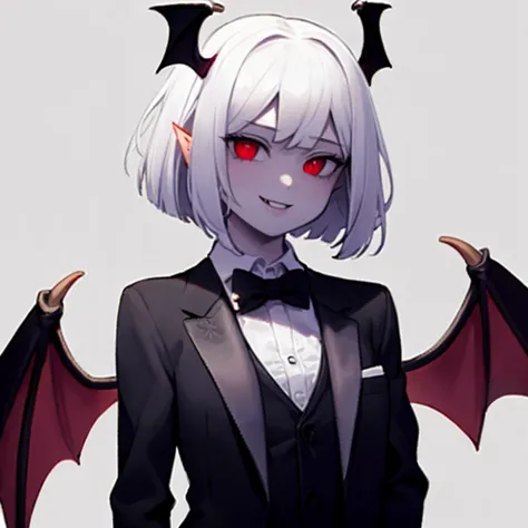 solo mature 1girl, upper body, short hair, bob cut, sexually suggestive,  ((head_wings, demon_wings, vampire)), seductive smile,  tuxedo, bowtie, brooch,
  <lyco:Faune_v2-000065:1.0> faunesty , flat colors, <lyco:TUX_LoRA_V1:1.0> TUX3D0, simple background,