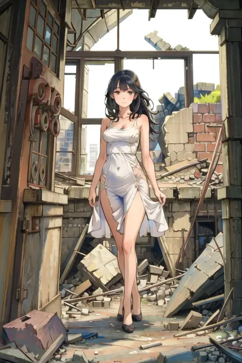 (masterpiece:1.2),best quality,illustration,beautiful detailed girl,
(looking at viewer),closed mouth,
(full body,standing:1.0),
medium breasts,long hair, black hair,white long sundress,
(factory ruins:1.1),day,indoors,(window:1.1),rubble,
<lora:FactoryRuins_v10:0.4>