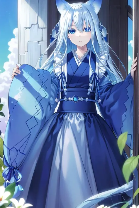 fffkarin, <lyco:fffkarin-lyco-nochekaiser:1>, 
fffkarin, long hair, blue eyes, hair ornament, animal ears, white hair, fox ears,
BREAK japanese clothes, kimono, long sleeves, wide sleeves, ribbon, blue ribbon,
BREAK outdoors, shrine,
BREAK looking at viewer, (cowboy shot:1.5),
BREAK <lyco:GoodHands-beta2:1>, (masterpiece:1.2), best quality, high resolution, unity 8k wallpaper, (illustration:0.8), (beautiful detailed eyes:1.6), extremely detailed face, perfect lighting, extremely detailed CG, (perfect hands, perfect anatomy),