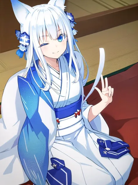 (masterpiece:1.7), (best quality:1.7), 1girl, fffkarin, long hair, blue eyes, one eye closed, hair ornament, animal ears, white hair, fox ears, (short kimono:1.8), short sleeves, ribbon, blue ribbon, shrine, smile, sitting, waving, looking at viewer, <lora:fffkarin-lora-nochekaiser:0.7>,