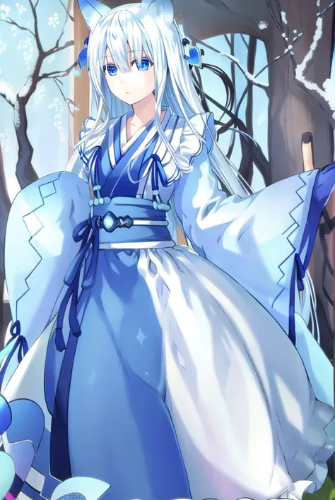 fffkarin, <lyco:fffkarin-lyco-nochekaiser:1>, 
fffkarin, long hair, blue eyes, hair ornament, animal ears, white hair, fox ears,
BREAK japanese clothes, kimono, long sleeves, wide sleeves, ribbon, blue ribbon,
BREAK outdoors, shrine,
BREAK looking at viewer, (cowboy shot:1.5),
BREAK <lyco:GoodHands-beta2:1>, (masterpiece:1.2), best quality, high resolution, unity 8k wallpaper, (illustration:0.8), (beautiful detailed eyes:1.6), extremely detailed face, perfect lighting, extremely detailed CG, (perfect hands, perfect anatomy),