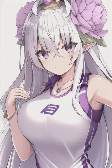 ((sportswear)),best quality,highly detailed,masterpiece,artbook,1girl, flower, dress, wings, bracelet, jewelry, smile, crown, bangs, purple eyes, white hair, ((sportswear)),Without wings