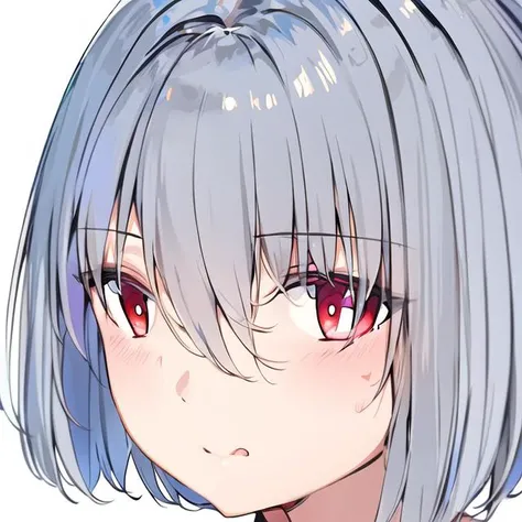 duckid, masterpiece, best quality, 1girl, face, ((white background)), silver hair, red eyes, 1girl, solo, short hair,