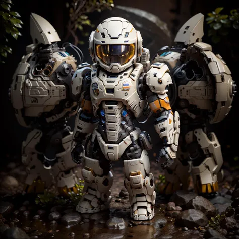 BJ_Lego bricks, solo, 1boy, standing, chibi, blurry, no_humans, helmet, robot, mecha, science_fiction, power_armor, cinematic lighting,strong contrast,high level of detail,Best quality,masterpiece,White background, <lora:Lego_World:0.7>, Style-GravityMagic