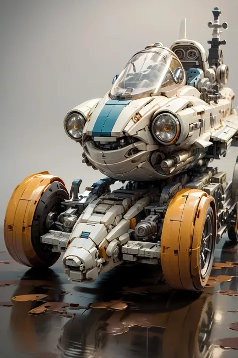 BJ_Lego bricks, no_humans, ground_vehicle, motor_vehicle, science_fiction, vehicle_focus, cinematic lighting,strong contrast,high level of detail,Best quality,masterpiece,White background, <lora:Lego_World:0.7>