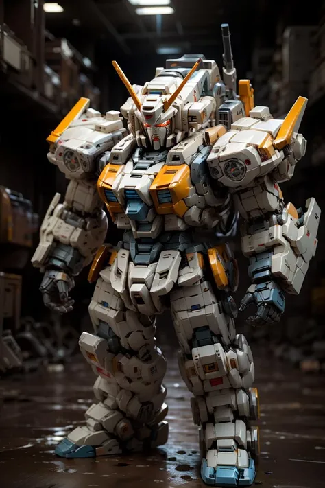 BJ_Lego bricks, gundam, solo, standing, orange_eyes, no_humans, robot, mecha, science_fiction, looking_ahead, cinematic lighting,strong contrast,high level of detail,Best quality,masterpiece,White background, <lora:Lego_World:0.7>