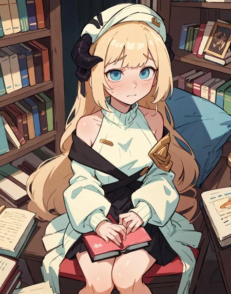 (masterpiece, best quality, detailed face, detailed eyes, high res, high quality),ultra-detailed,solo,from above,shy,embarrassed,half-closed eyes,looking down,very long hair,white hat,Off Shoulder Vertical Sweater,light blue eyes,long white sleeves,book,black_band, bookshelf,1girl, blonde_hair, library, sitting, solo, <lora:ArknightsNightingale_30:0.9> black horn,