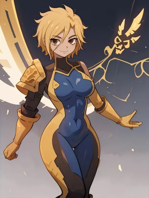 1girl, solo, dimaria, short hair, blonde hair, brown eyes, bodysuit, pauldron, shoulder pads, shoulder armor, boots, skin tight, covered navel, large breasts, light smile, close up <lora:DimariaYesta:1>