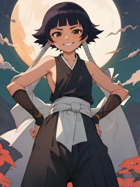 RAW photo, (high detailed skin, detailed eyes:1.1), intricate details, best quality, 1girl, solo, black hair, sideboob, standing, short hair with long locks, hip vent, short hair, small breasts, (brown eyes:1.1), black hakama, no bra, gloves, hakama skirt, low twin braids, sash, cowboy shot, looking at viewer, smirk, from below, hands on hips, night, moon, seductive smile <lora:SoiFon:1>