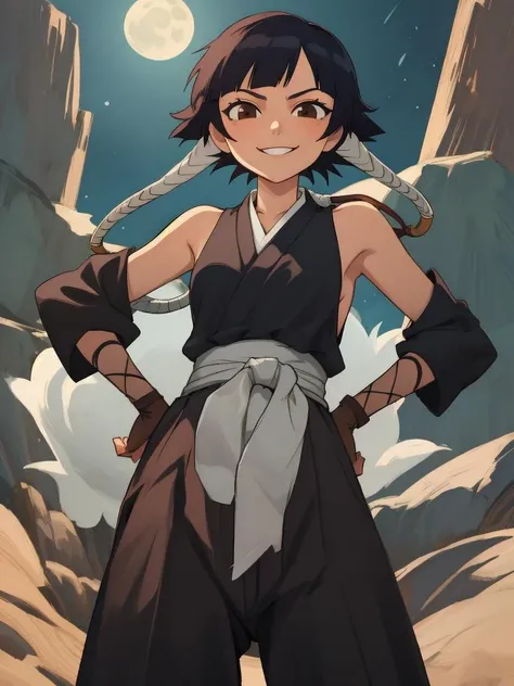 RAW photo, (high detailed skin, detailed eyes:1.1), intricate details, best quality, 1girl, solo, black hair, sideboob, standing, short hair with long locks, hip vent, short hair, small breasts, (brown eyes:1.1), black hakama, no bra, gloves, hakama skirt, low twin braids, sash, cowboy shot, looking at viewer, smirk, from below, hands on hips, night, moon, seductive smile <lora:SoiFon:1>