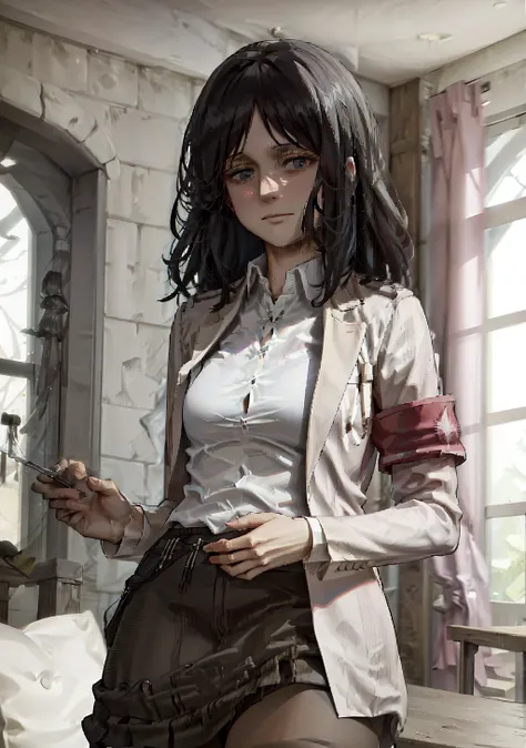 (masterpiece:1.4), (detailed:1.4), <lora:pieckAttackOnTitan_v1:1>, shirt, jacket, closed_mouth, white_shirt, collared_shirt, upper_body, dress_shirt, black skirt, medium breast, wide hips