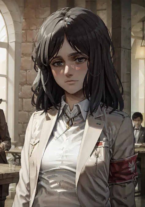 PieckAOT,<lora:pieckAttackOnTitan_v1:1>, shirt, jacket, closed_mouth, white_shirt, collared_shirt, upper_body, dress_shirt