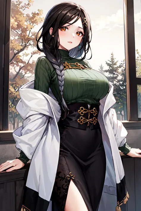 masterpiece, best quality, highres, st1, green sweater, braid, hair ornament, black skirt, large breasts, long skirt, shawl , <lora:shirayuki_tomoe_v1:0.7>, cowboy shot, standing,