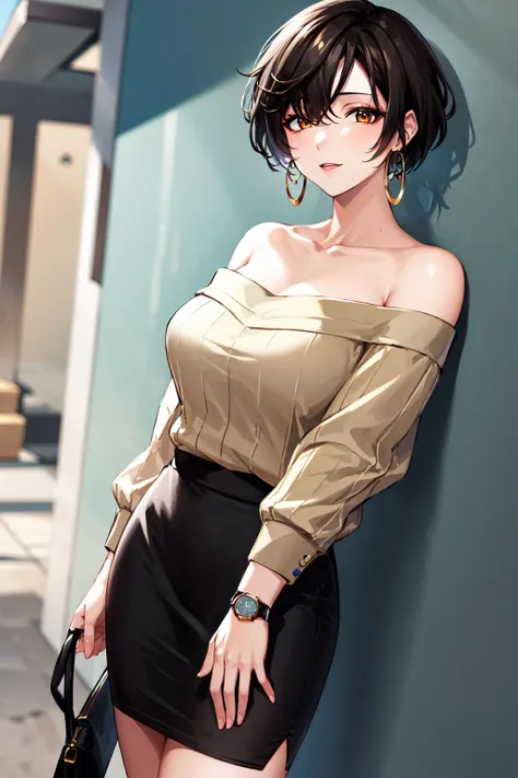 masterpiece, best quality, highres,st1, short hair, hoop earrings, black skirt, wristwatch, off-shoulder sweater, pencil skirt, collarbone, large breasts, <lora:shirayuki_tomoe_v1:0.7>, cowboy shot, standing