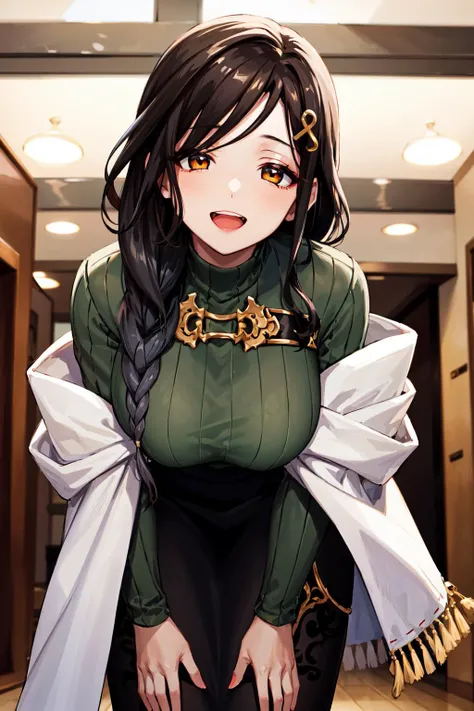 masterpiece, best quality, highres, st1, green sweater, braid, hair ornament, black skirt, large breasts, long skirt, shawl , <lora:shirayuki_tomoe_v1:0.7>, leaning forward, smile, open mouth,