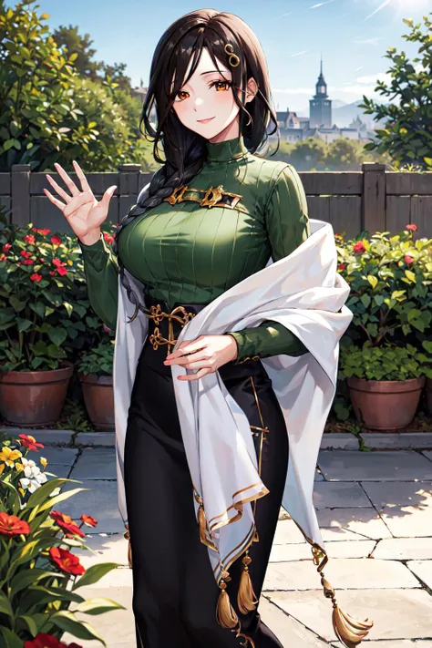 masterpiece, best quality, highres, st1, green sweater, braid, hair ornament, black skirt, large breasts, long skirt, shawl , <lora:shirayuki_tomoe_v1:0.7>, cowboy shot, standing, smile, waving, outdoors, garden