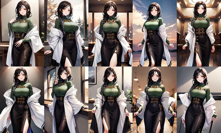 masterpiece, best quality, highres, st1, green sweater, braid, hair ornament, black skirt, large breasts, long skirt, shawl , <lora:shirayuki_tomoe_v1:0.7>, cowboy shot, standing,