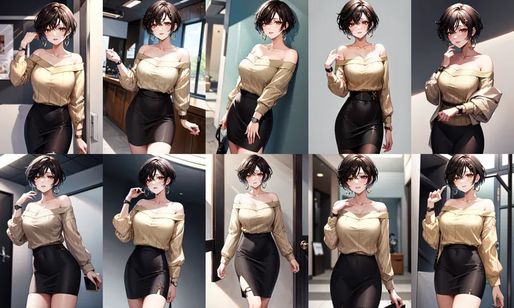 masterpiece, best quality, highres,st1, short hair, hoop earrings, black skirt, wristwatch, off-shoulder sweater, pencil skirt, collarbone, large breasts, <lora:shirayuki_tomoe_v1:0.7>, cowboy shot, standing