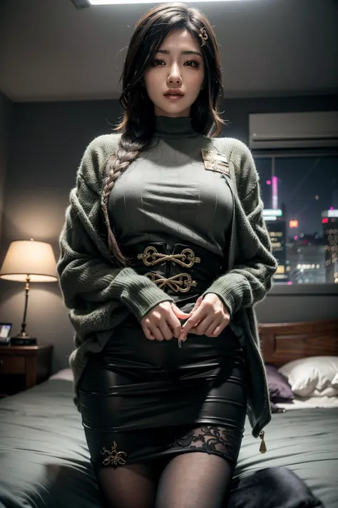 (realistic:1.3), finely detailed, quality, rembrandt lighting, (maserpiece:1.2), (photorealistic:1.2), (best quality), (detailed skin:1.3), (intricate details), dramatic, ray tracing, 1girl, japanese woman, 30 years old, st1, braid, hair ornament, green sweater, black skirt, large breasts, long skirt, shawl, (inside a skyscraper, view of city far below, bedroom, bed, midnight, romantic lighting),  <lora:shirayuki_tomoe_v1:0.7>