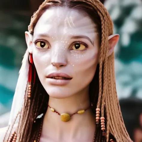 Portrait of a ((stunning)) woman <lora:neytiri1-10:0.8> <lora:natportman1-10:0.6> mouth slightly open , high quality, 4K, photorealistic, realistic skin texture, gorgeous, angelic, ethereal, exotic, sexy