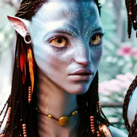 Portrait of a ((stunning)) woman <lora:neytiri1-10:1> (looking to the right1.1), high quality, 4K, photorealistic, realistic skin texture, gorgeous