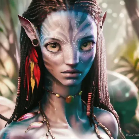 Portrait of a stunning ((nude)) woman <lora:neytiri1-10:1> (looking to the left:1.1), high quality, 4K, photorealistic, realistic skin texture, gorgeous