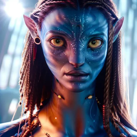 Upper body portrait of a ((stunning)) woman,epic (photo, studio lighting, hard light, sony a7, 50 mm, matte skin, colors, hyperdetailed, hyperrealistic), ethereal, perfect face, <lora:neytiri2-12:0.7> ,<lora:neytiri1-10:0.3>