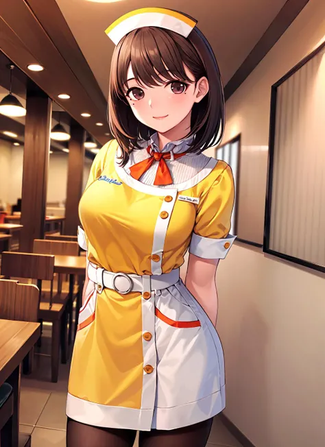 (masterpiece, best quality:1.2), cowboy shot, solo, 1girl, anegasaki nene, waitress, smile, looking at viewer, arm behind back, light smile, tray, see-through legwear, pantyhose, restaurant, indoors, table, chair, cup,